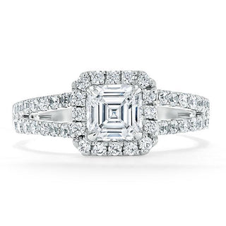 Bague de fiançailles en moissanite taille Asscher de 1,0 ct avec halo à tige fendue