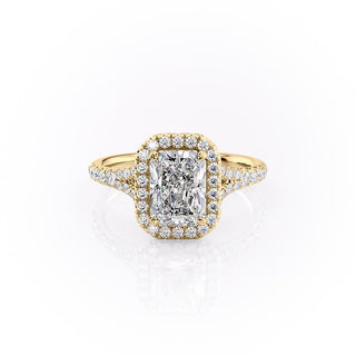 Bague de fiançailles à tige fendue avec halo en moissanite de forme radiante de 2,1 ct