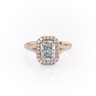 Bague de fiançailles à tige fendue avec halo en moissanite de forme radiante de 2,1 ct