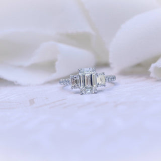 2.75CT Emerald Cut Moissanite Three Stone Pave Diamond Engagement Ring - ELITE CARAT