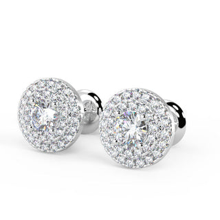 Round Cut Moissanite Double Halo Diamond Earrings in White Gold