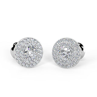 Round Cut Moissanite Double Halo Diamond Earrings in White Gold