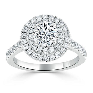 Bague de fiançailles en moissanite à double halo de taille ronde de 0,75 ct avec sertissage pavé