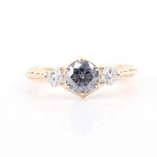 Vintage Style Milgrain Gray Round Cut Moissanite Engagement Ring, Three Stone Wedding Ring