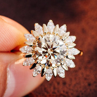 Vintage Style Cluster Halo Ring, 2.60 TCW Round Cut Moissanite Engagement Ring, Floral Style Marquise Cut Wedding Ring,