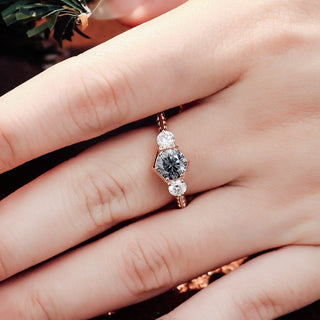 Vintage Style Milgrain Gray Round Cut Moissanite Engagement Ring, Three Stone Wedding Ring