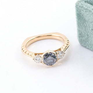 Vintage Style Milgrain Gray Round Cut Moissanite Engagement Ring, Three Stone Wedding Ring