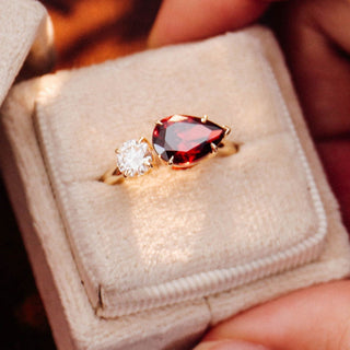 Toi Et Moi Round Moissanite & Pear Cut Red Ruby Simulated Stone Solitaire Engagement  Ring