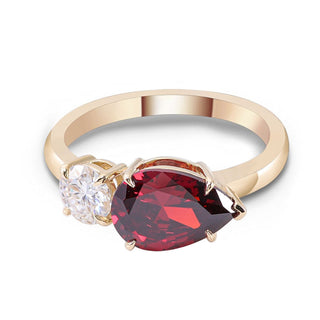 Toi Et Moi Round Moissanite & Pear Cut Red Ruby Simulated Stone Solitaire Engagement  Ring